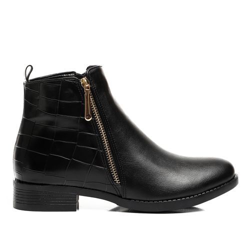 Leather Ankle Boot with Back Crocodile Pattern - Black