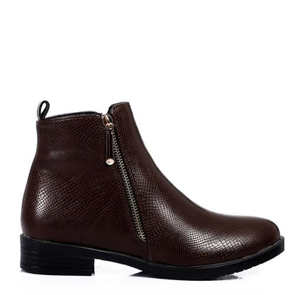 Leather Ankle Boot with Golden Side Zipper - Dark Brown