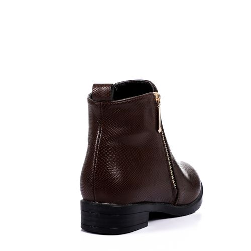 Leather Ankle Boot with Golden Side Zipper - Dark Brown