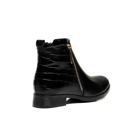 Leather Ankle Boot with Back Crocodile Pattern - Black