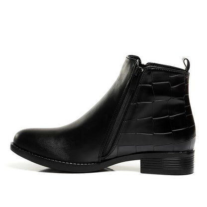Leather Ankle Boot with Back Crocodile Pattern - Black