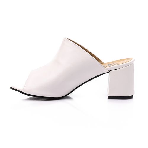 White Peep-Toe Block Heel Mules
