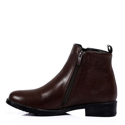 Leather Ankle Boot with Golden Side Zipper - Dark Brown