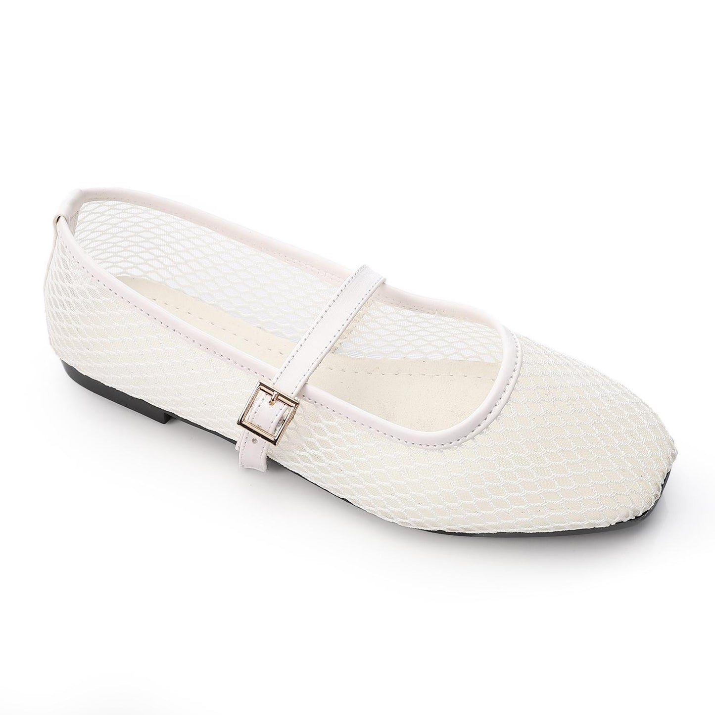 White Mesh Flat Shoes with Front Buckle