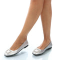 Leather Ballerina with Decorative Strassed Square Silver
