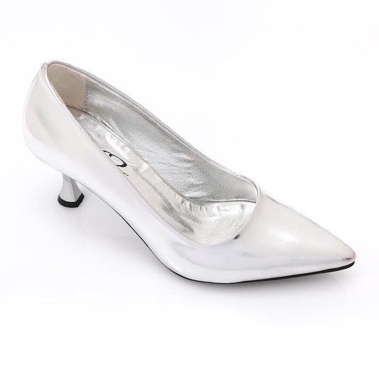 Silver Kitten Heel Patent Leather Pointed Shoes