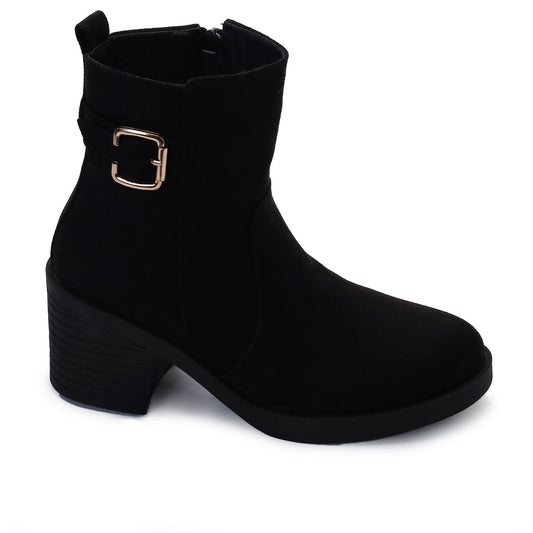 Suede Ankle Boots with Block Heel & Zipper Closure - Beige