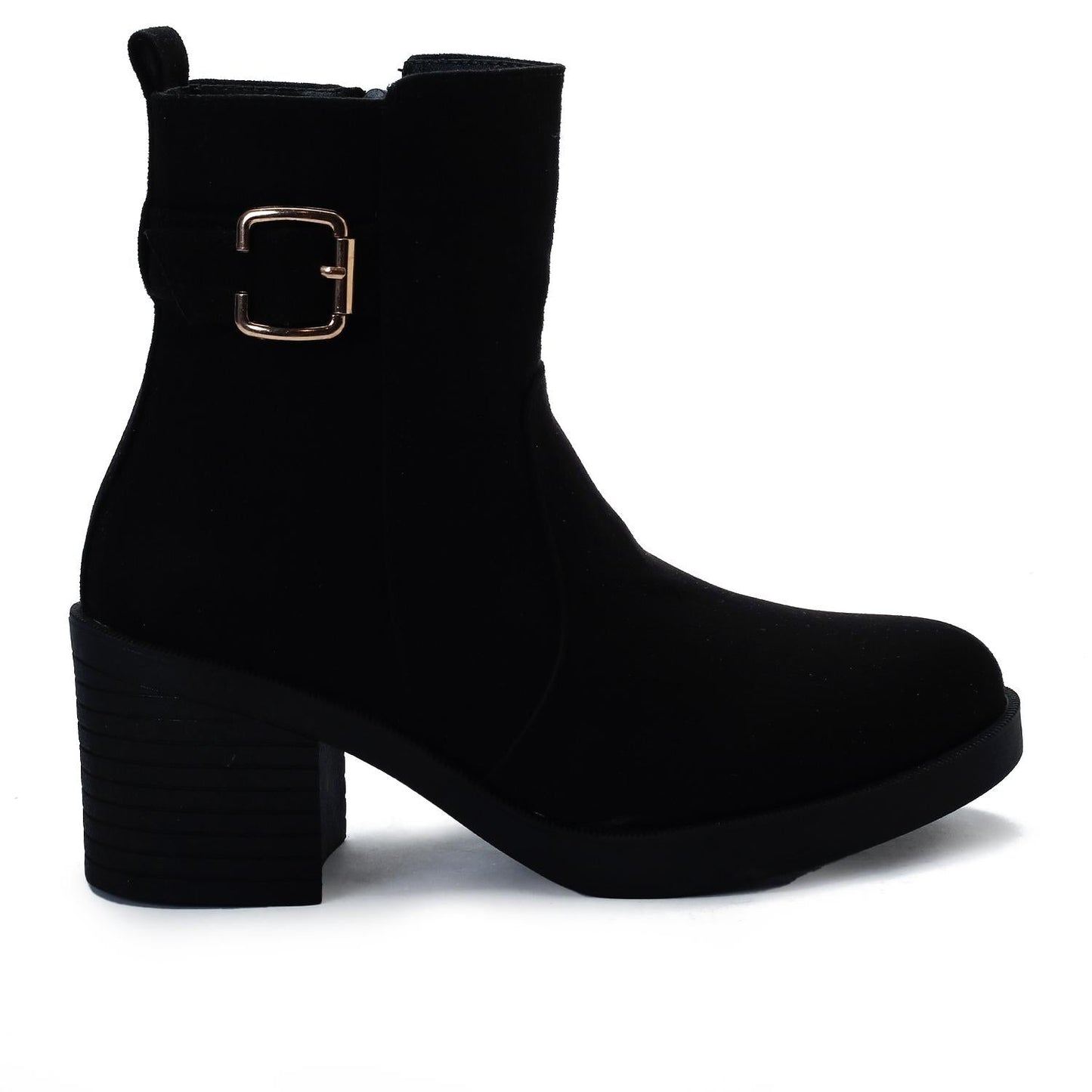 Suede Ankle Boots with Block Heel & Zipper Closure - Beige