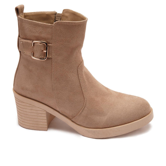 Suede Ankle Boots with Block Heel & Zipper Closure - Beige