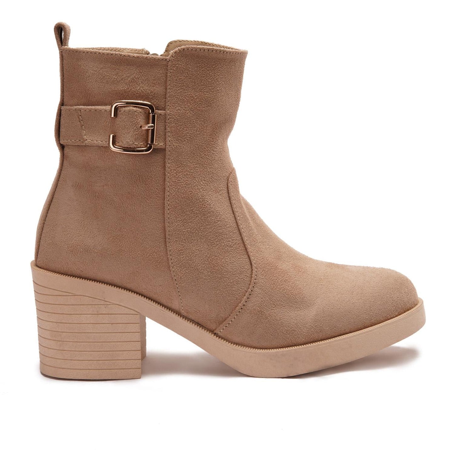 Suede Ankle Boots with Block Heel & Zipper Closure - Beige