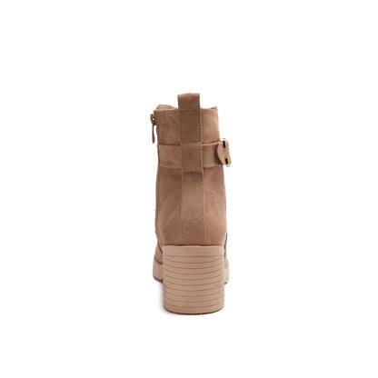 Suede Ankle Boots with Block Heel & Zipper Closure - Beige