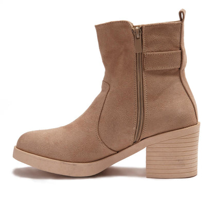 Suede Ankle Boots with Block Heel & Zipper Closure - Beige