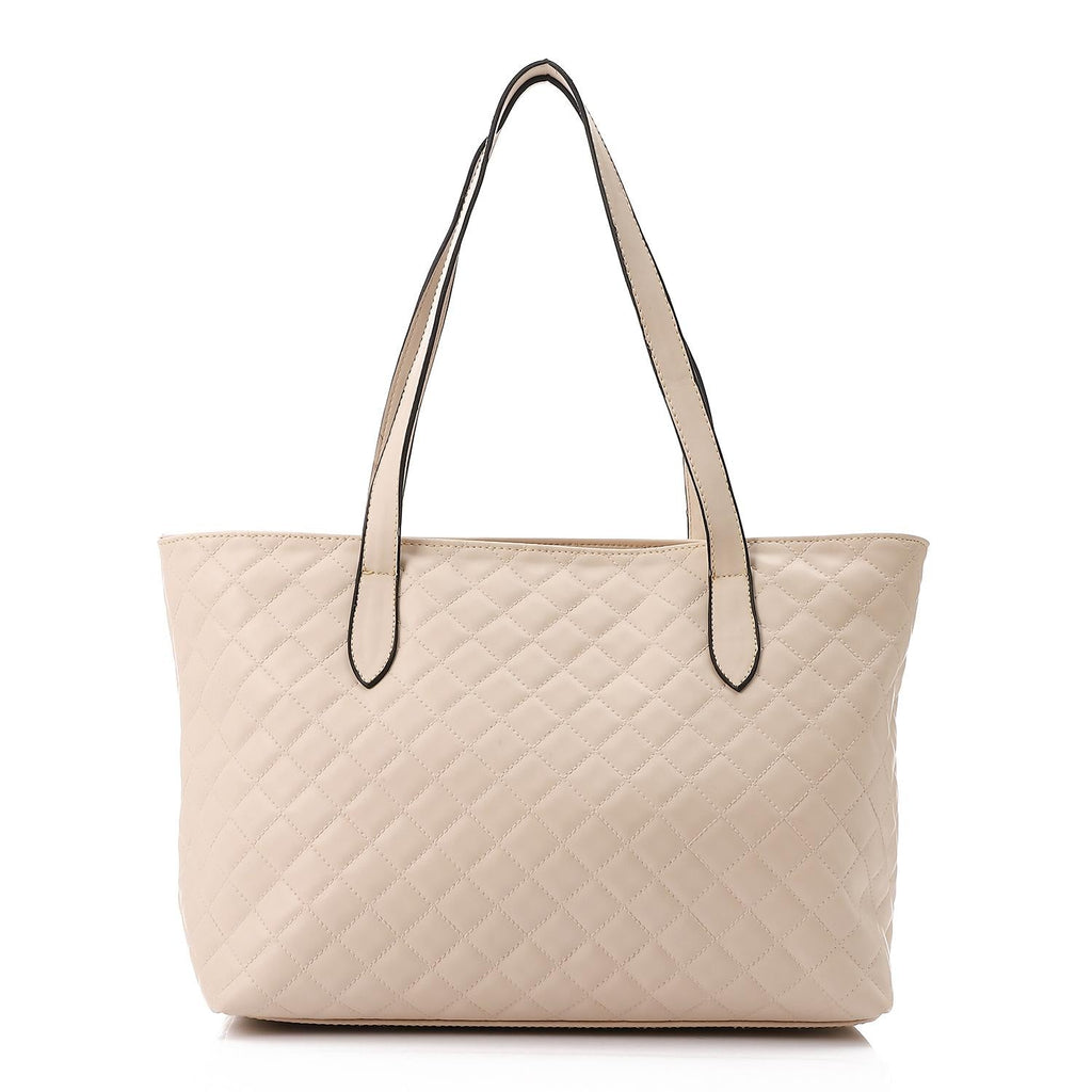 Beige Leather Quilted Tote Bag