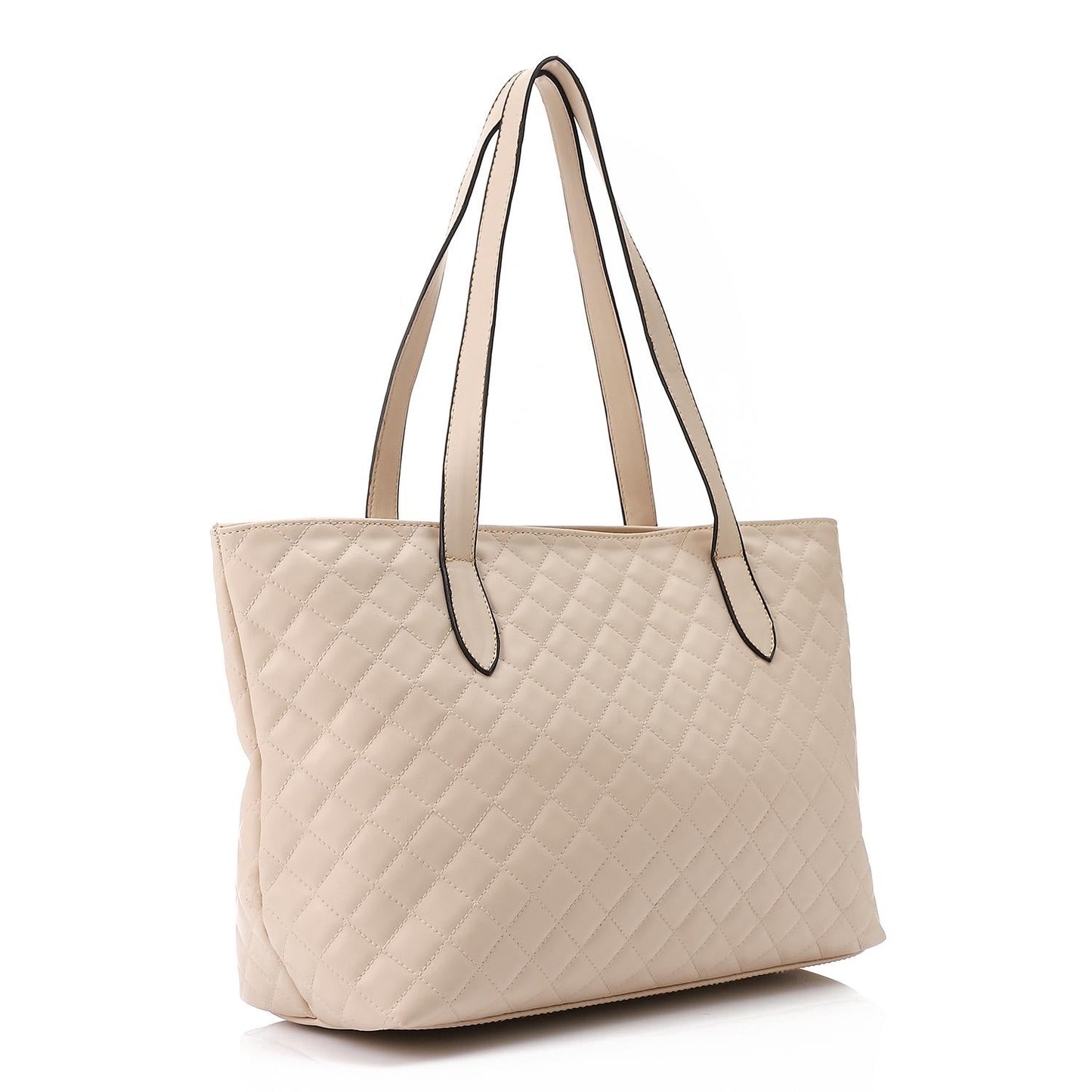 Beige Leather Quilted Tote Bag