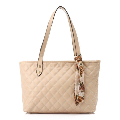 Beige Leather Quilted Tote Bag