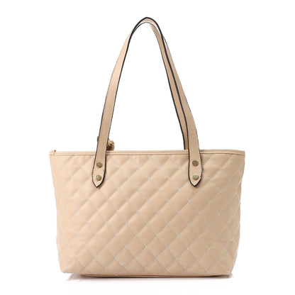 Beige Leather Quilted Tote Bag