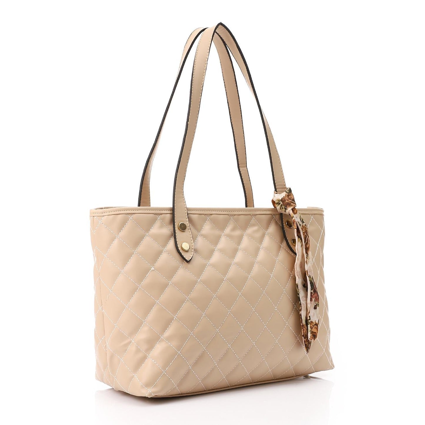 Beige Leather Quilted Tote Bag