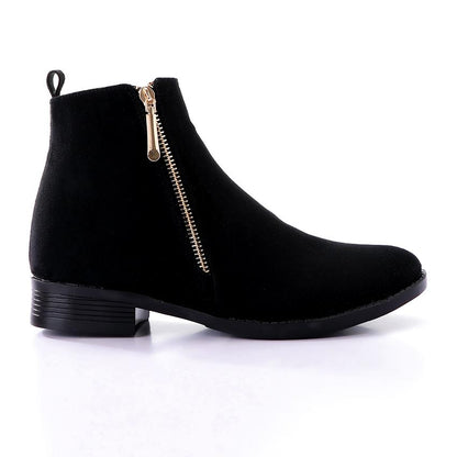 Suede Ankle Boots with Golden Zipper Closure - Black