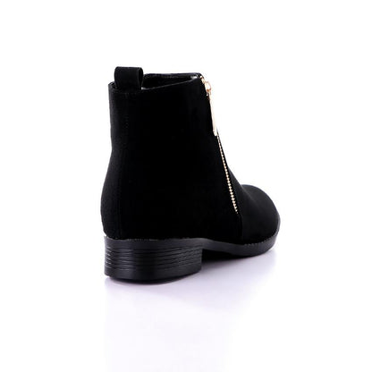 Suede Ankle Boots with Golden Zipper Closure - Black