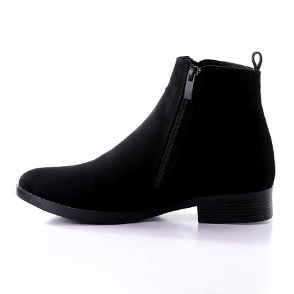 Suede Ankle Boots with Golden Zipper Closure - Black