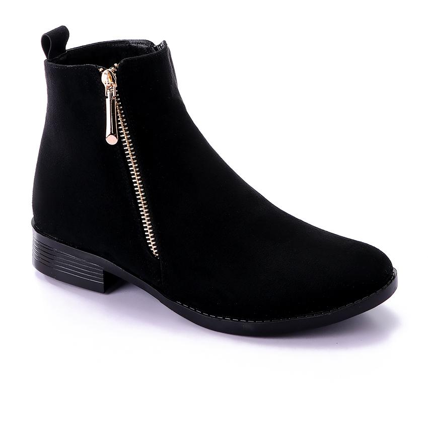 Suede Ankle Boots with Golden Zipper Closure - Black