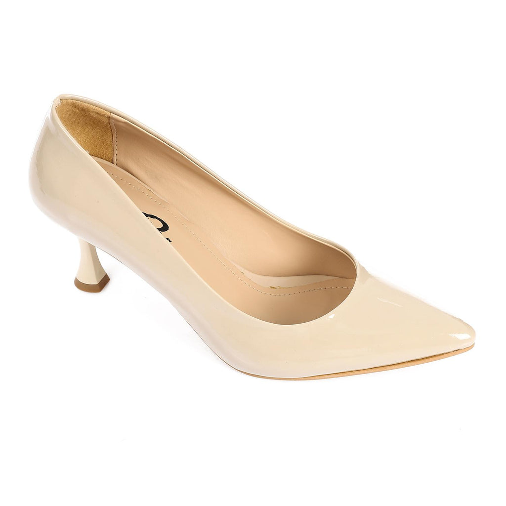 Beige Kitten Heel Patent Leather Pointed Shoes