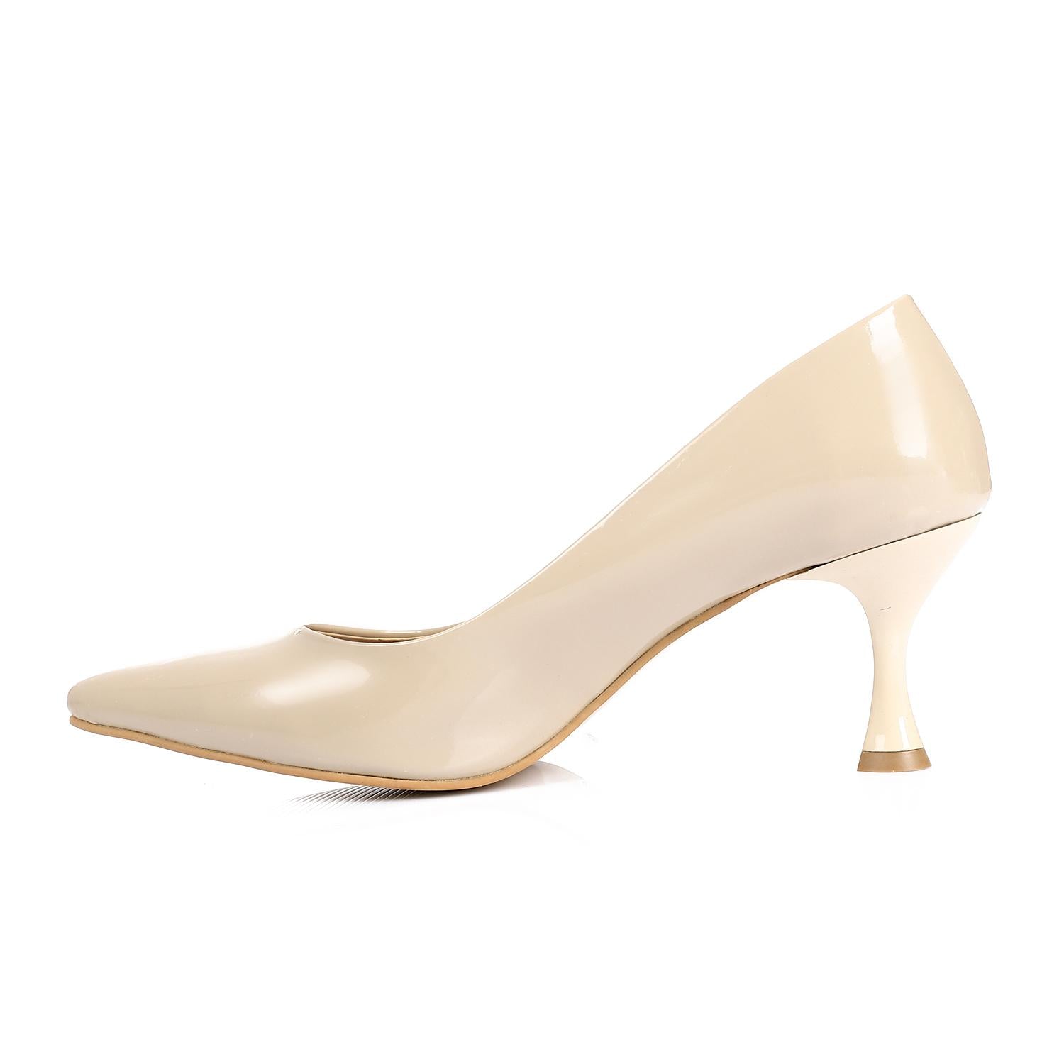 Beige Kitten Heel Patent Leather Pointed Shoes
