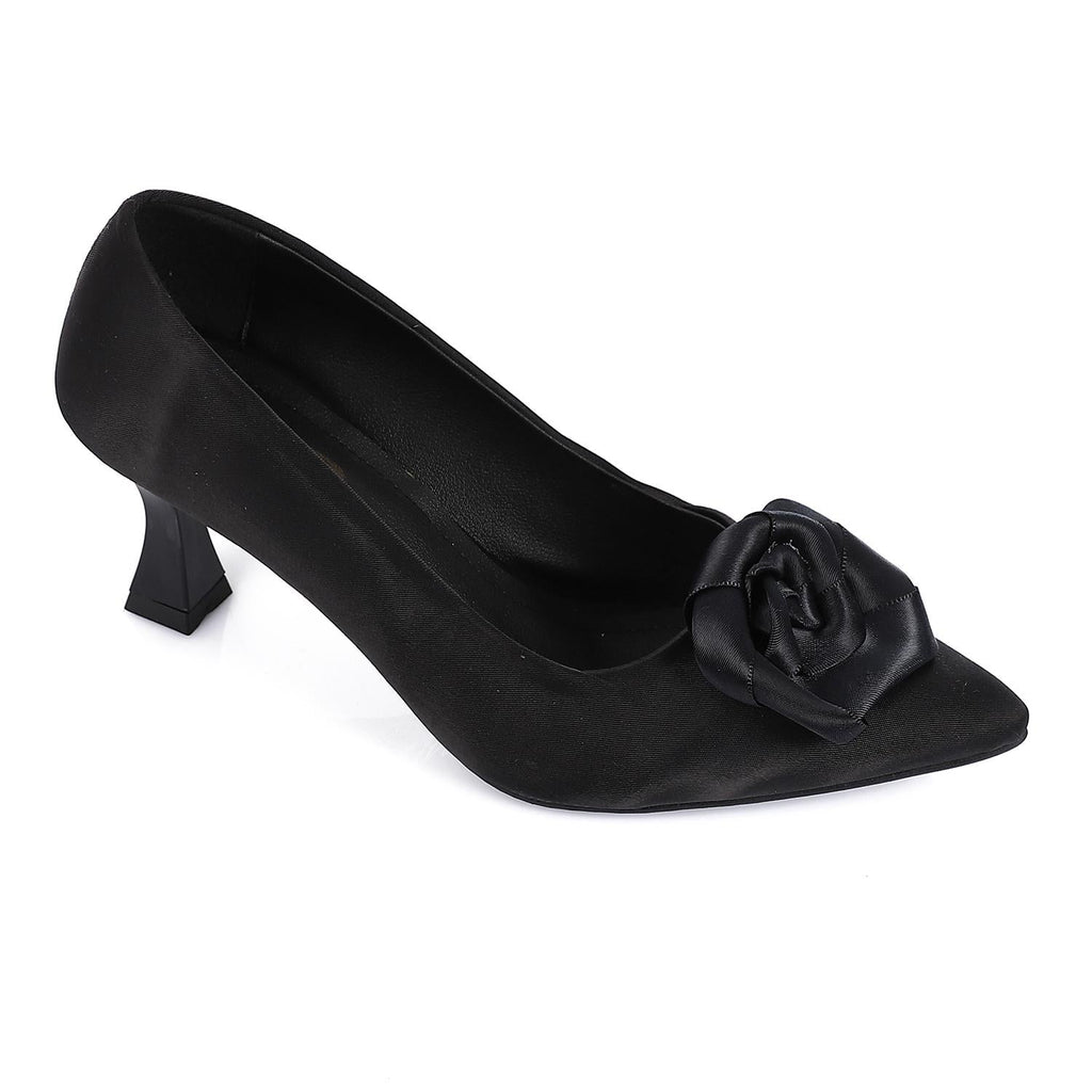 Black Floral Pointed-Toe Kitten Heel Pump
