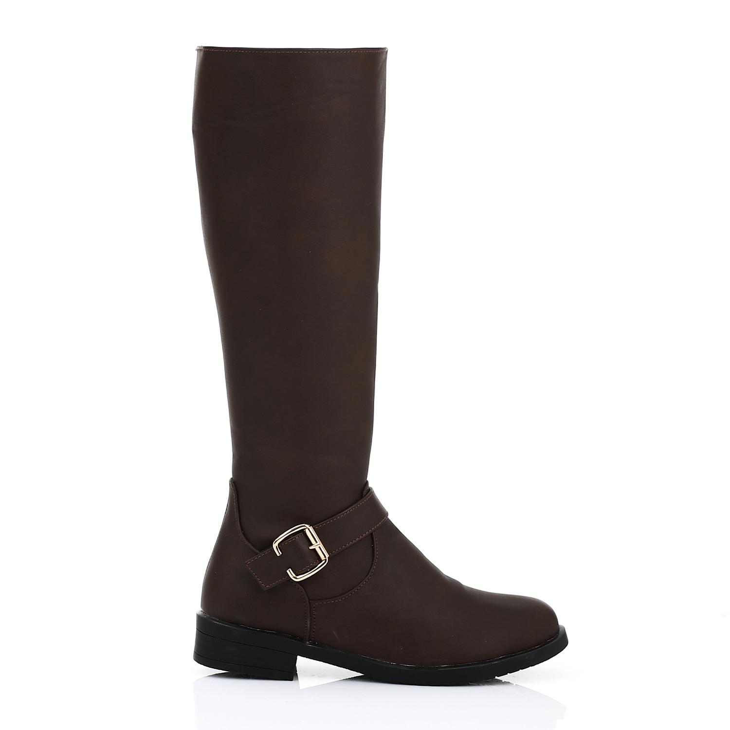 Mid-Calf Leather Boot with Decorative Buckle  Brown