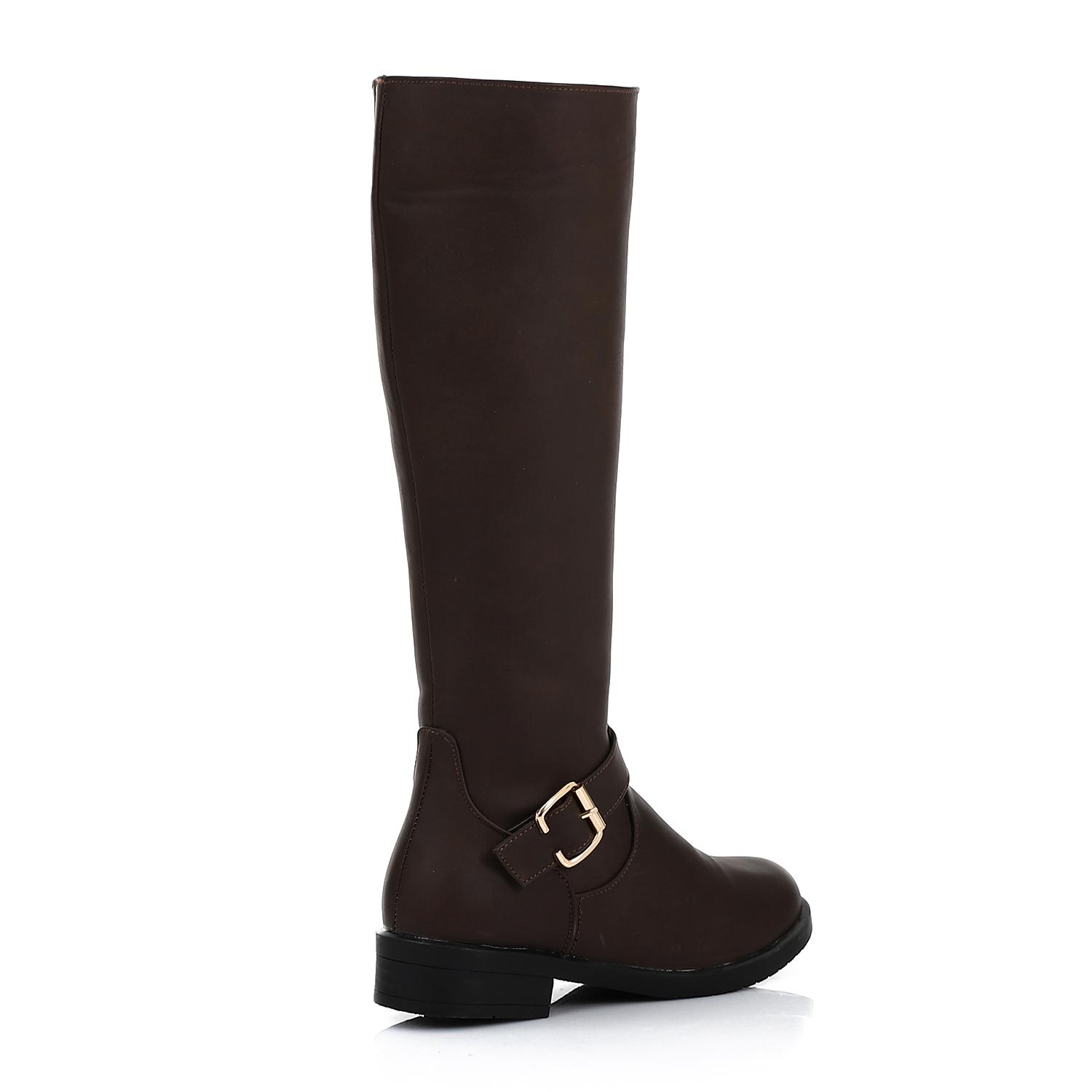 Mid-Calf Leather Boot with Decorative Buckle  Brown