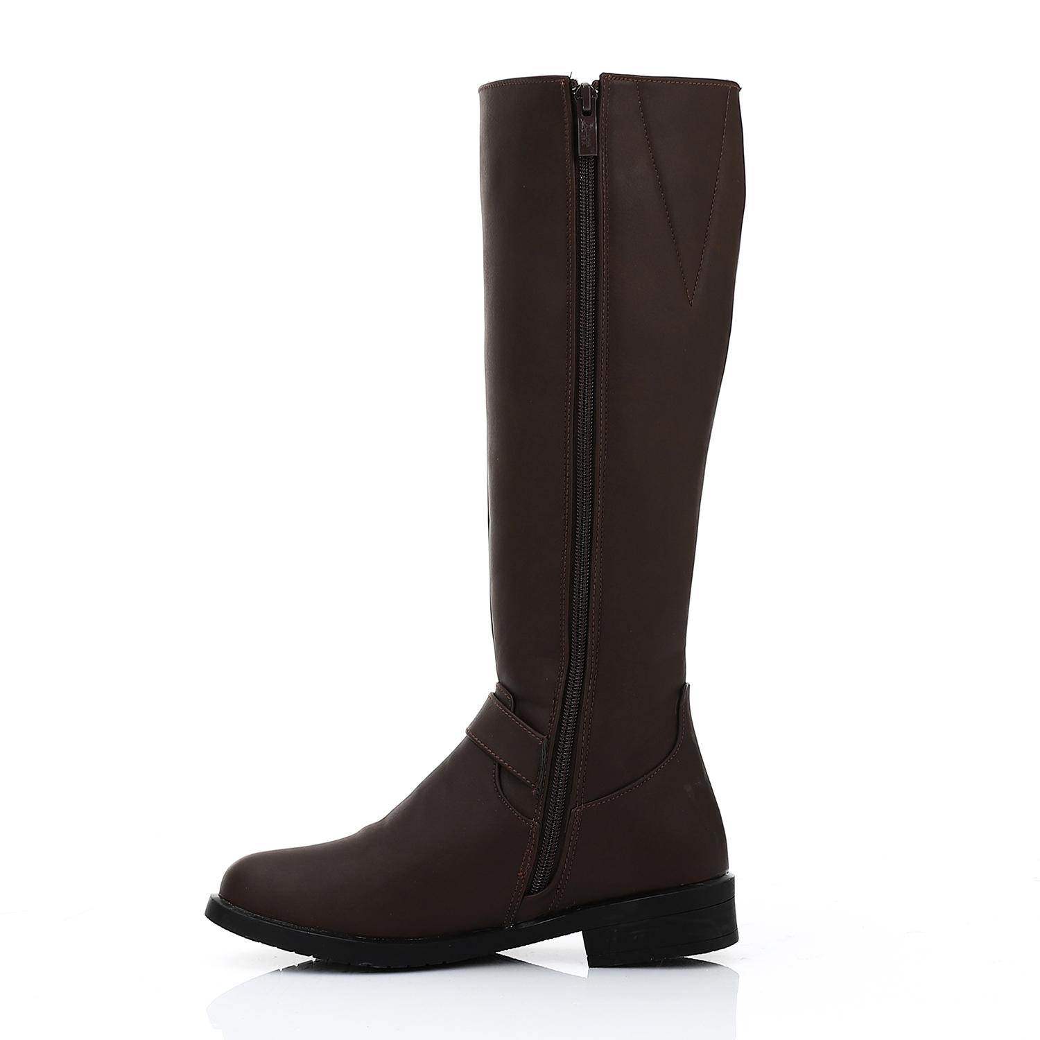 Mid-Calf Leather Boot with Decorative Buckle  Brown