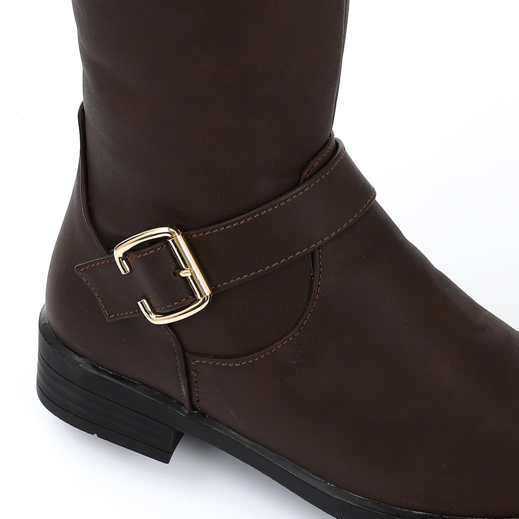 Mid-Calf Leather Boot with Decorative Buckle  Brown