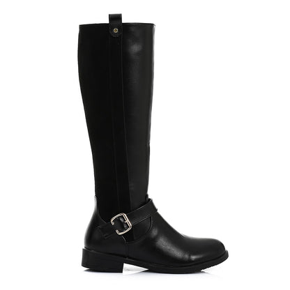 Black Decorative Buckle Knee High Boot