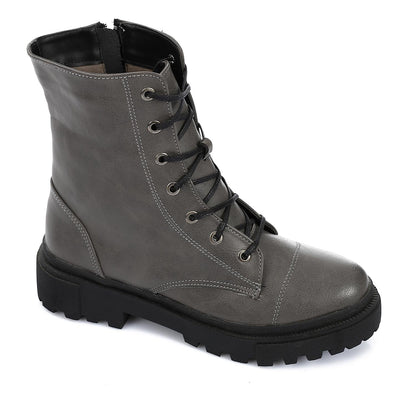 Leather Combat Boots - Grey