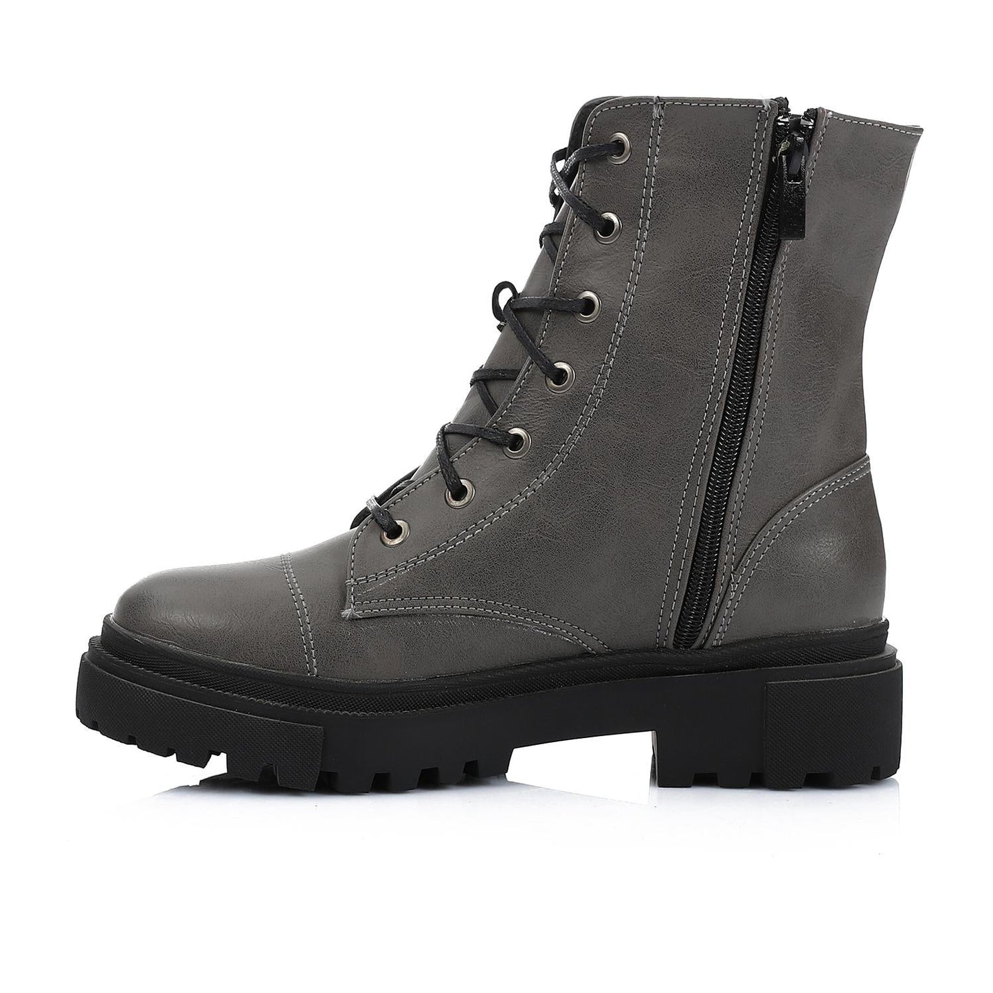 Leather Combat Boots - Grey