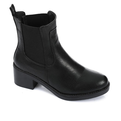 Block Heel Leather Slip On Ankle Boots  - Black