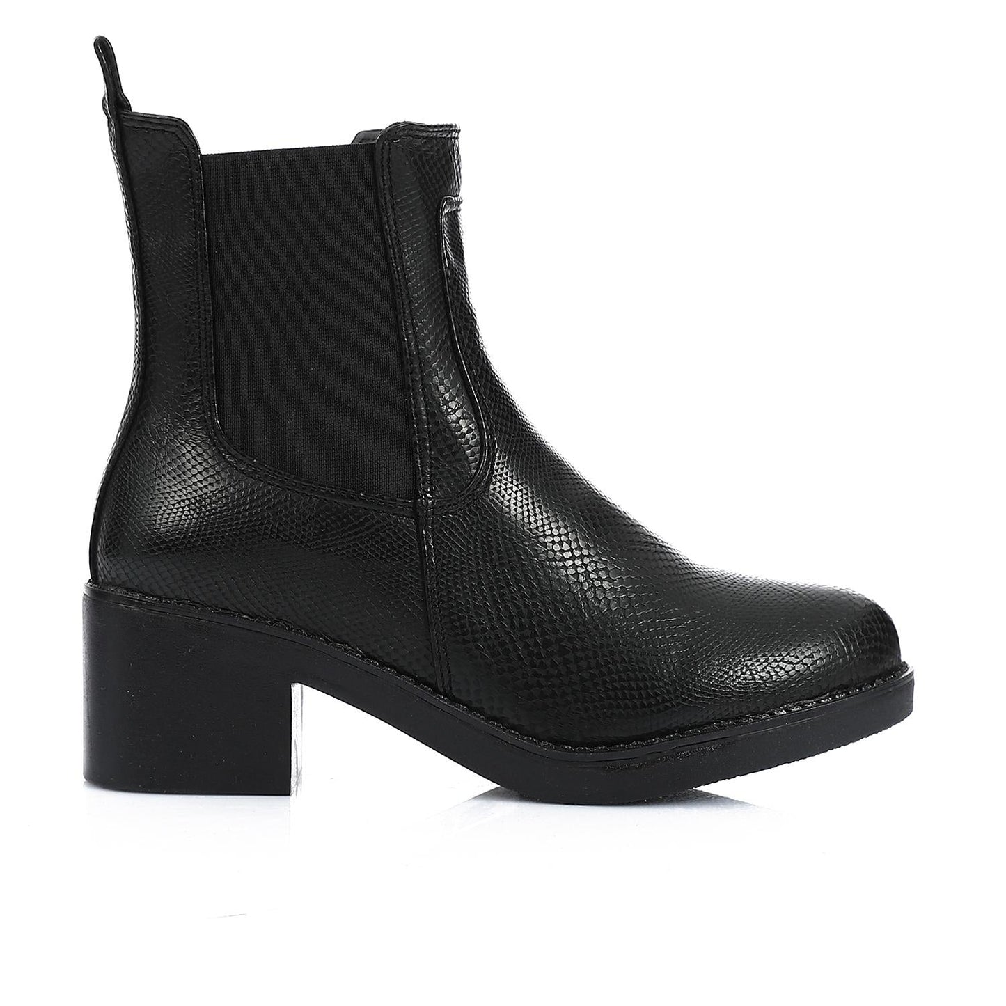 Block Heel Leather Slip On Ankle Boots  - Black