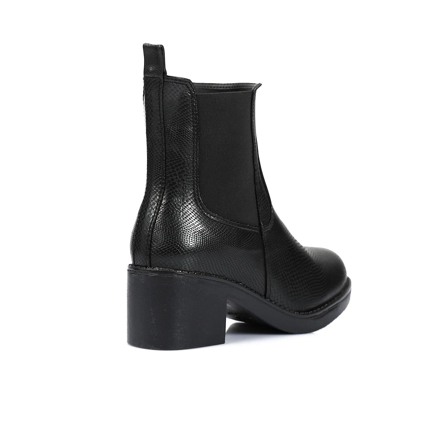 Block Heel Leather Slip On Ankle Boots  - Black