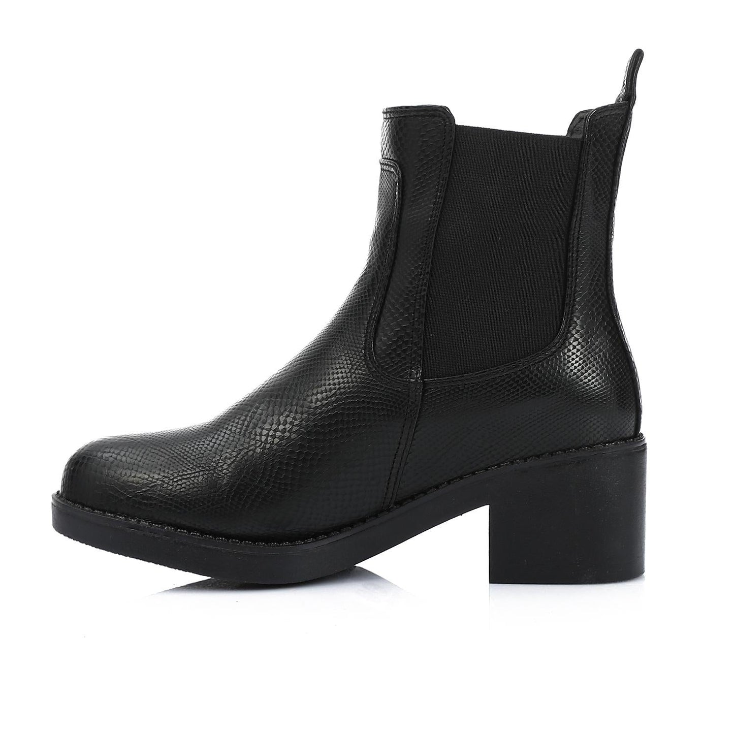 Block Heel Leather Slip On Ankle Boots  - Black