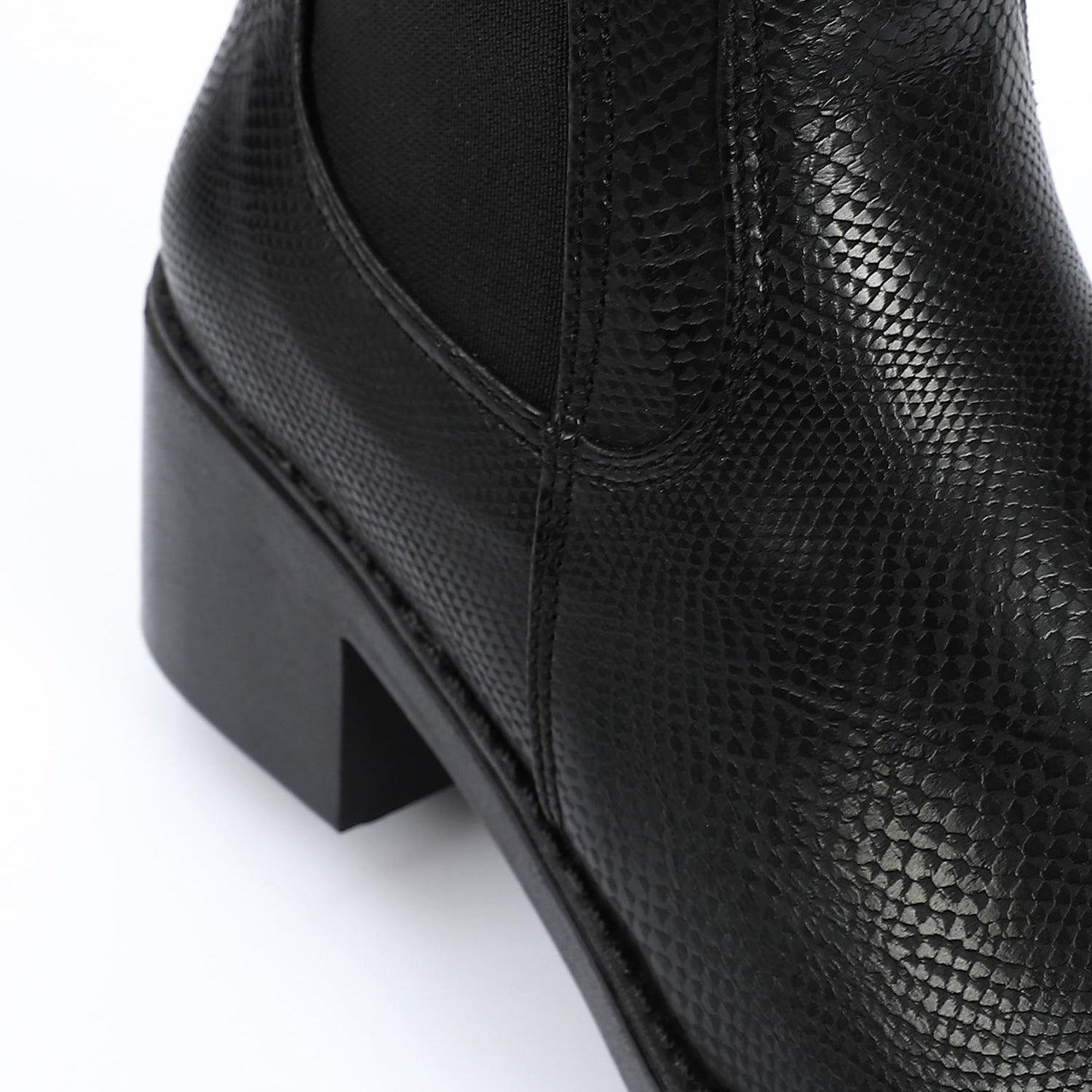 Block Heel Leather Slip On Ankle Boots  - Black