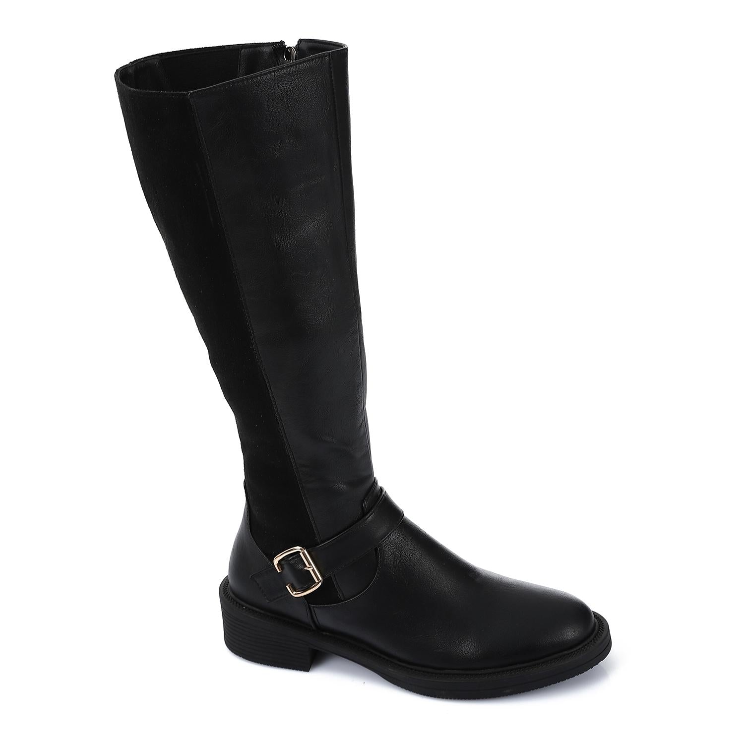 Leather & Suede Knee Boots with Side Decorative Buckle - Black