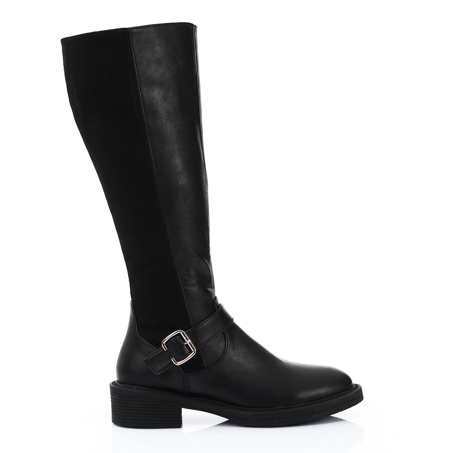 Leather & Suede Knee Boots with Side Decorative Buckle - Black