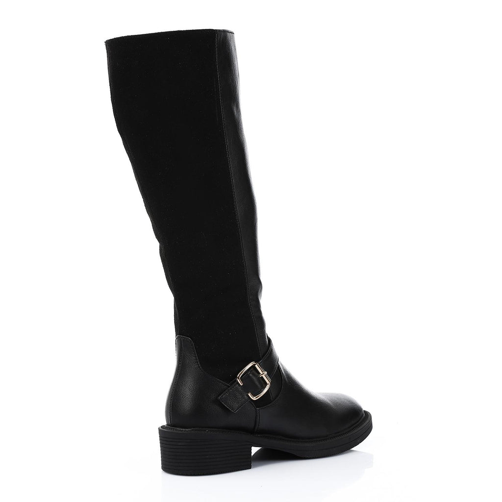 Leather Suede Mid Calf Boot - Black