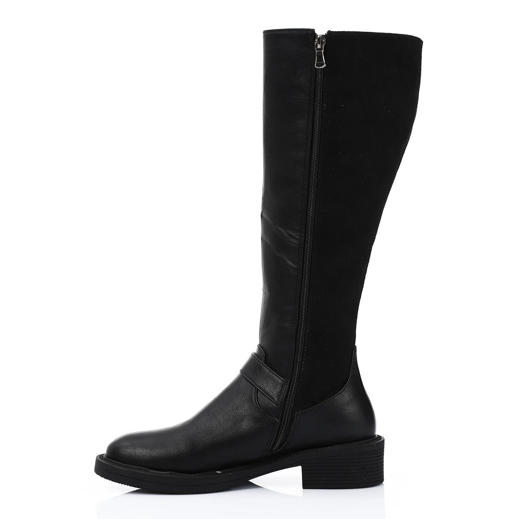 Leather Suede Mid Calf Boot - Black