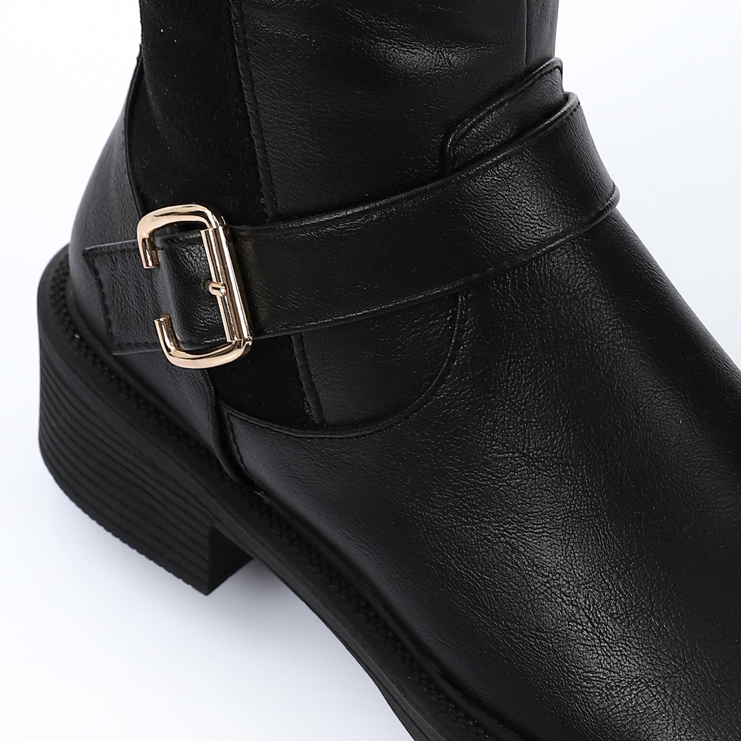Leather & Suede Knee Boots with Side Decorative Buckle - Black