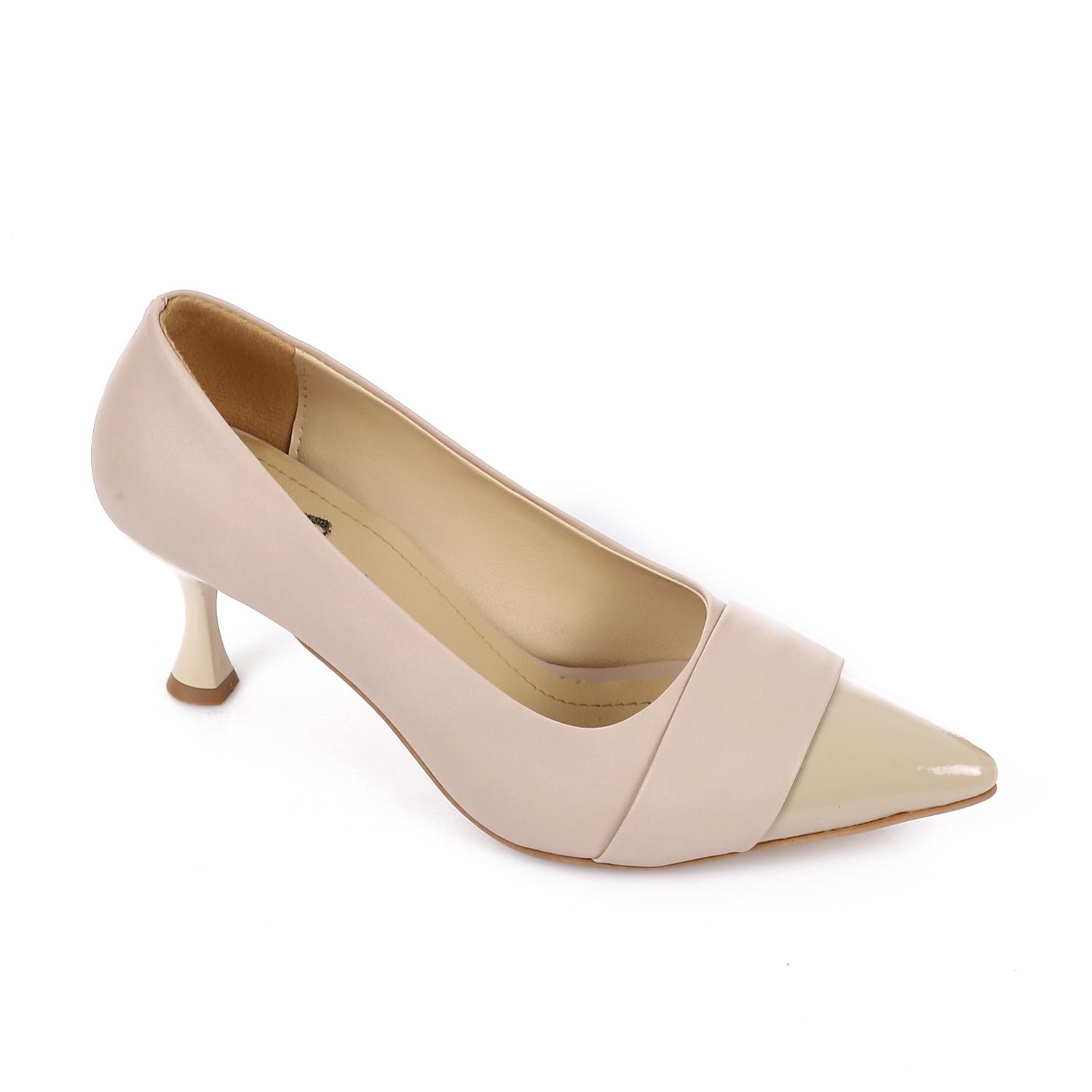 Beige Pointed-Toe Kitten Heel Pump with Vamp Band Detail