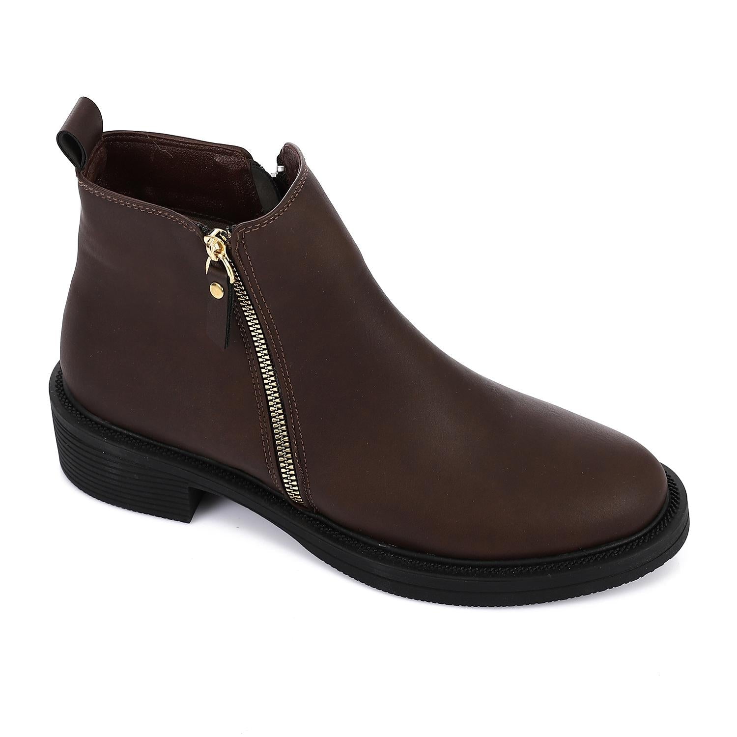 Leather Ankle Boot with Zipper Closure-Brown