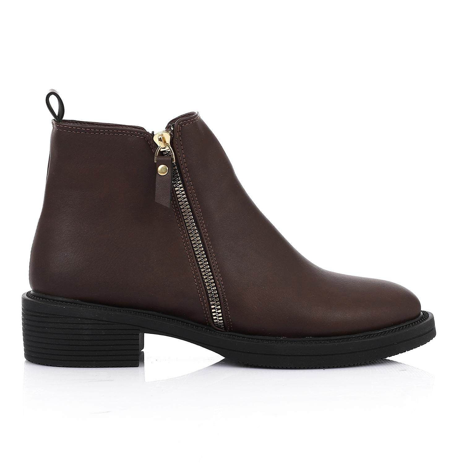 Leather Ankle Boot with Zipper Closure-Brown