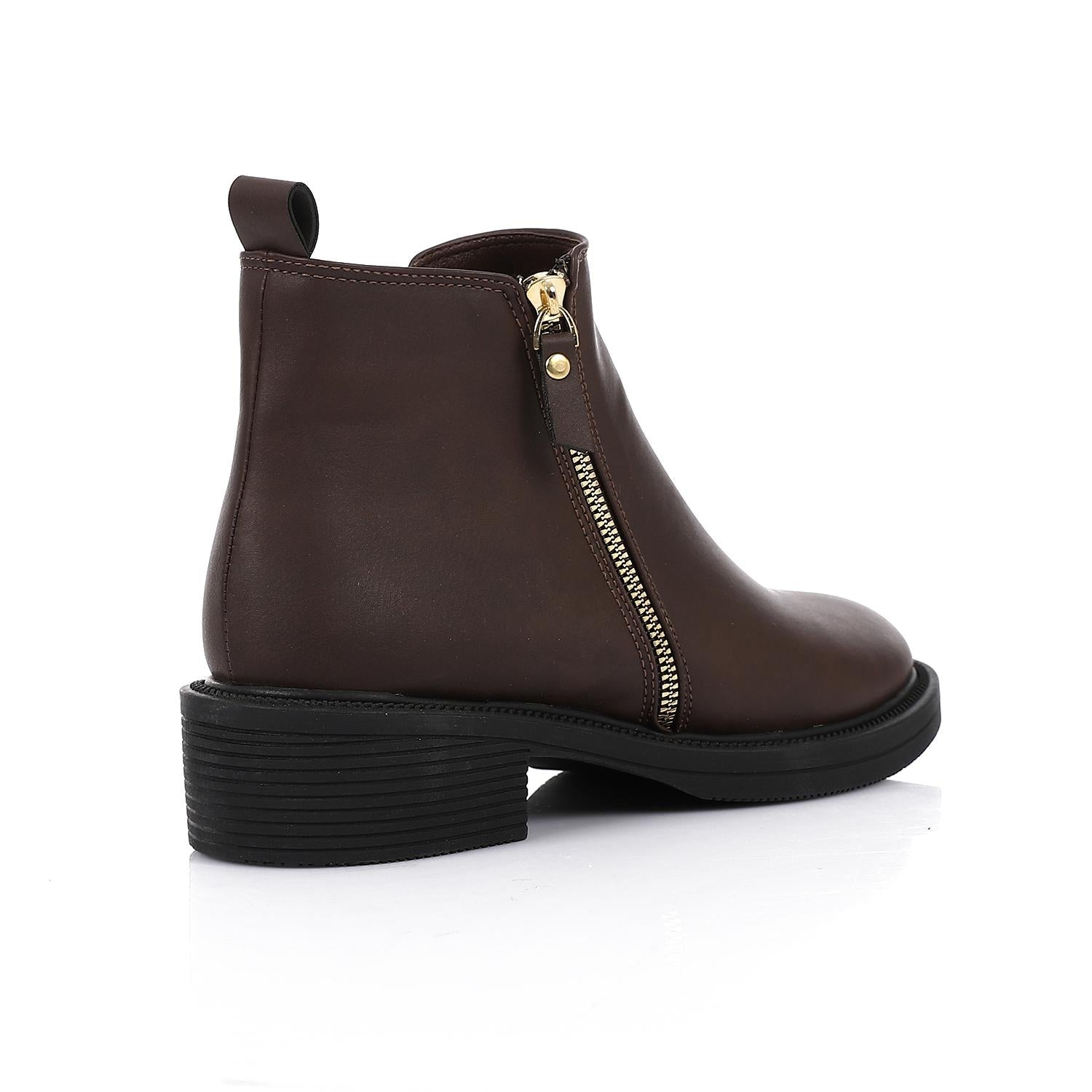 Leather Ankle Boot with Zipper Closure-Brown