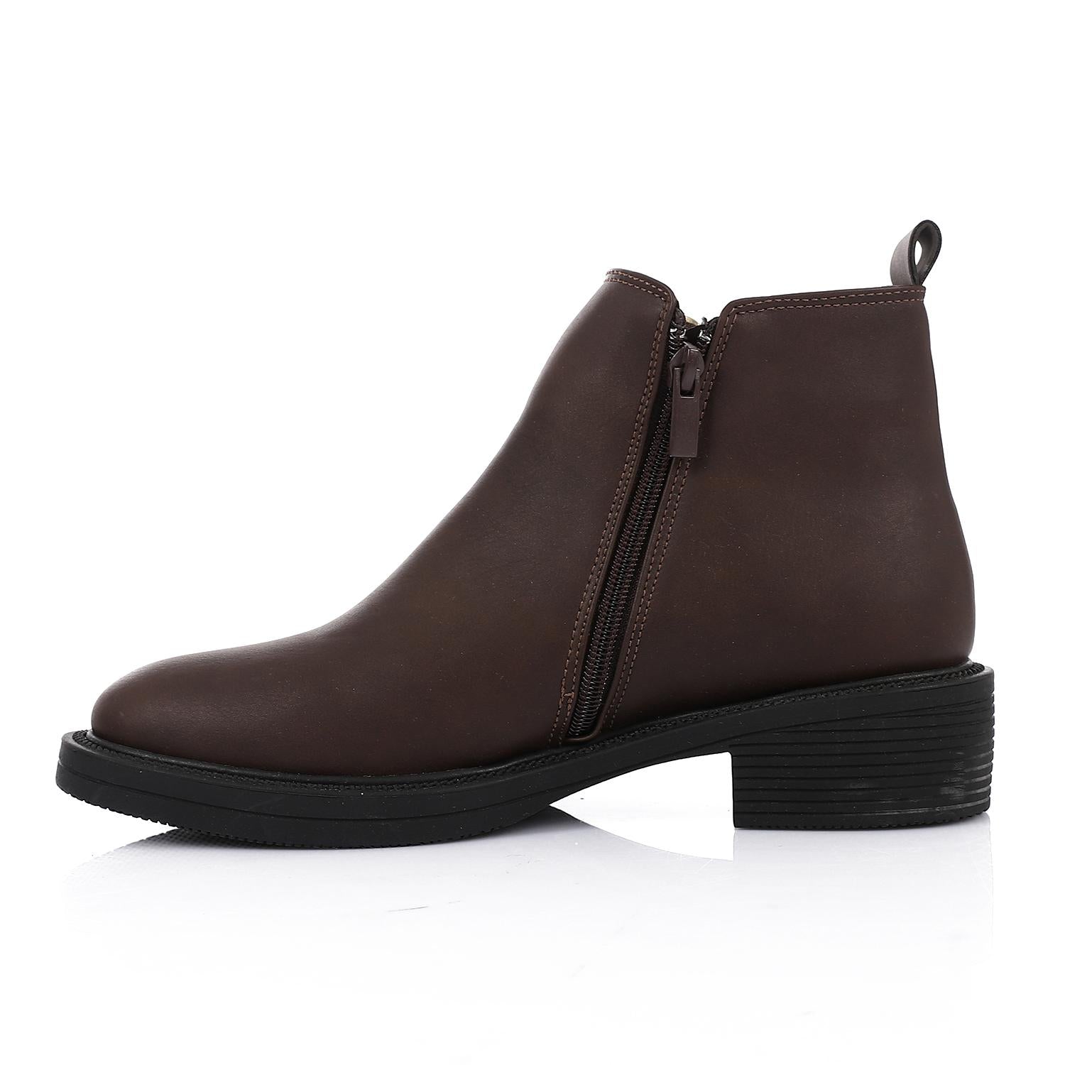 Leather Ankle Boot with Zipper Closure-Brown